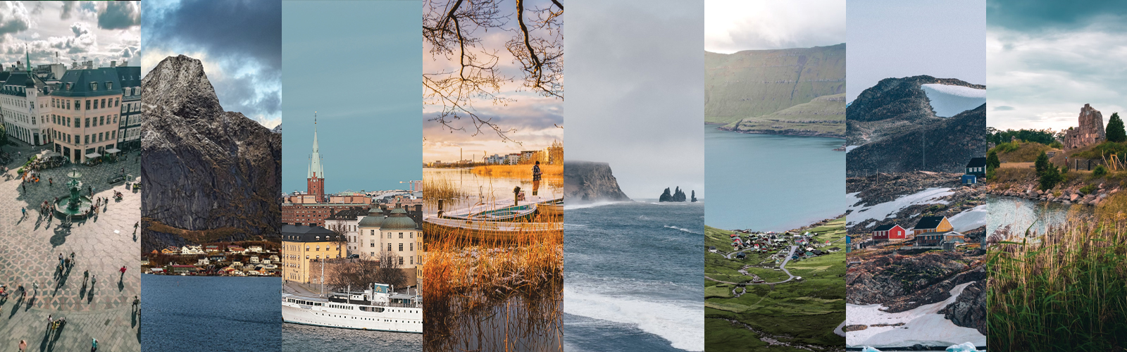 Collage of various scenic locations in Scandanavia. Eight images appear in total from left to right.