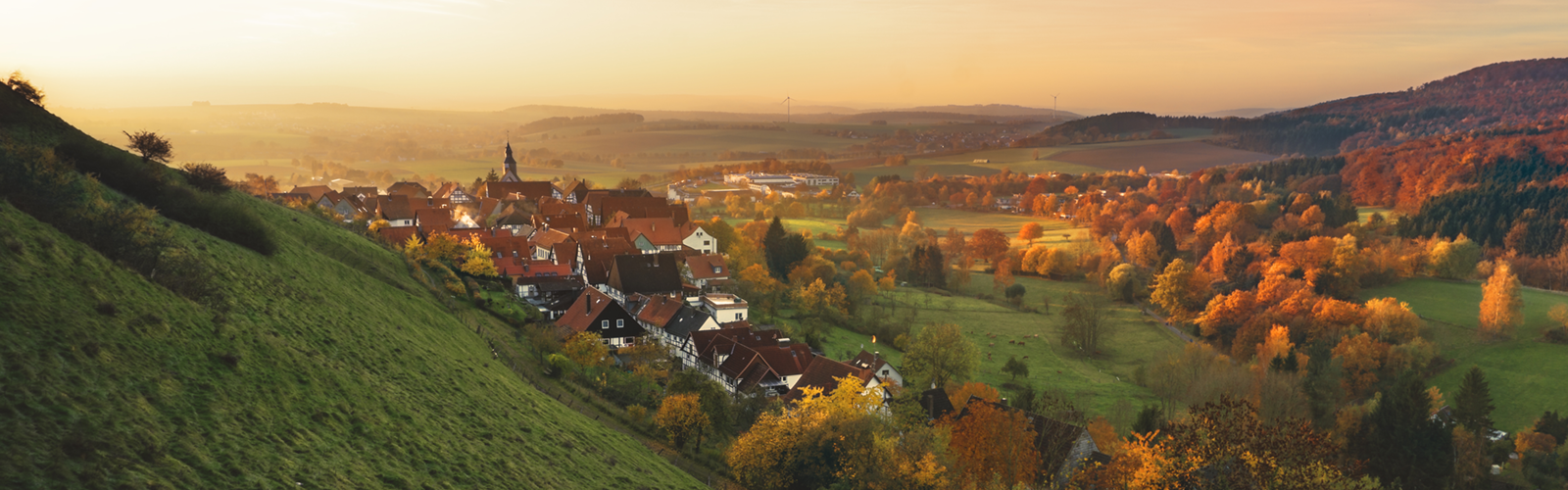 This photo depicts a scenic landscape view of a small town nestled in a valley during the autumn season.