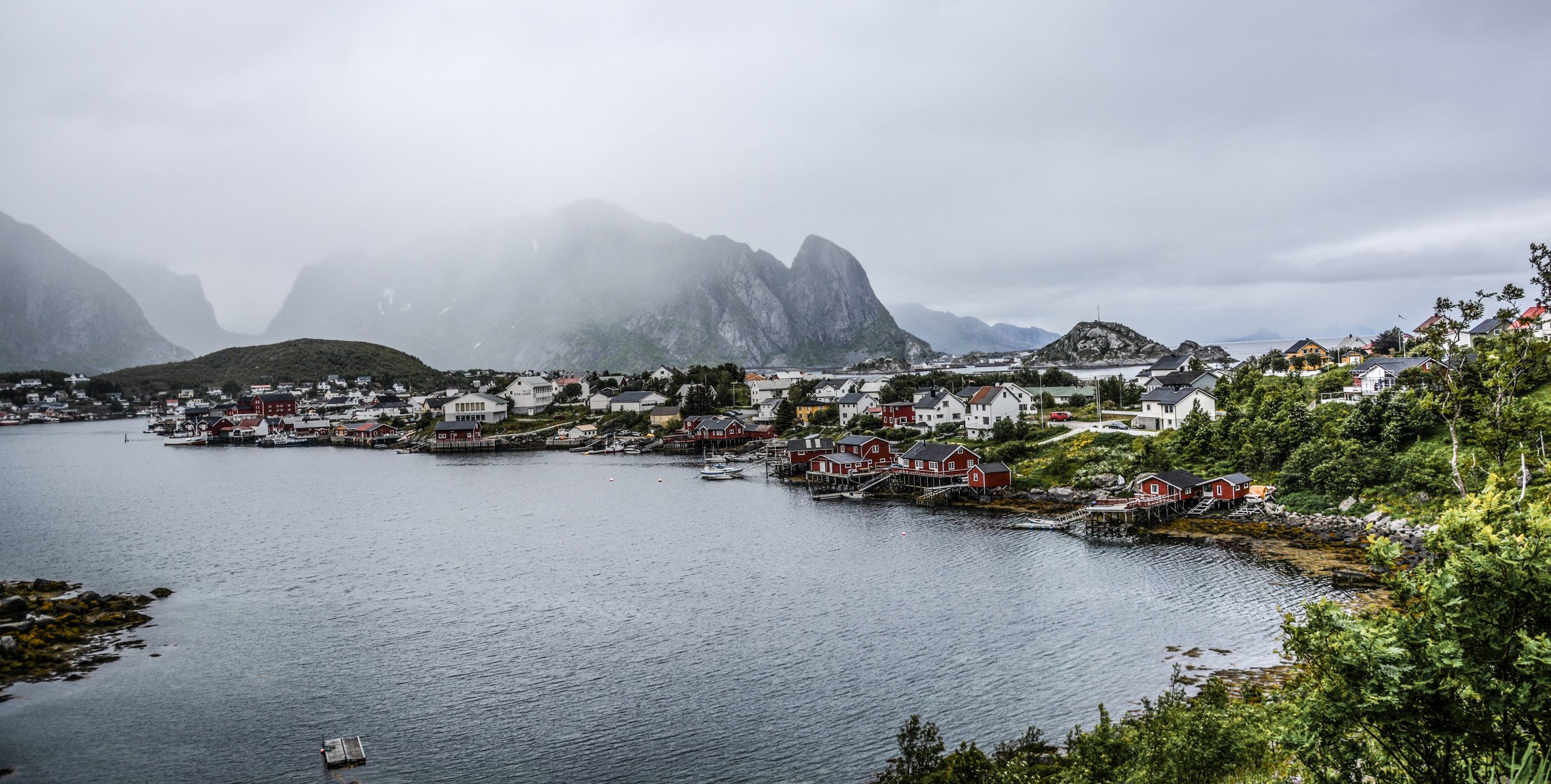 A photo of a Norwegian town by the water.