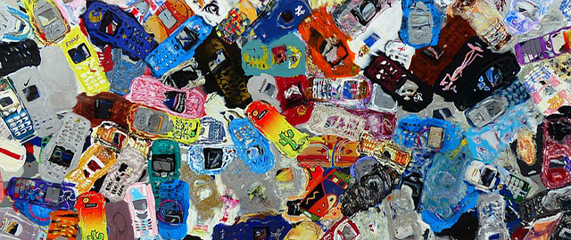 A painting of various models of mobile phones.