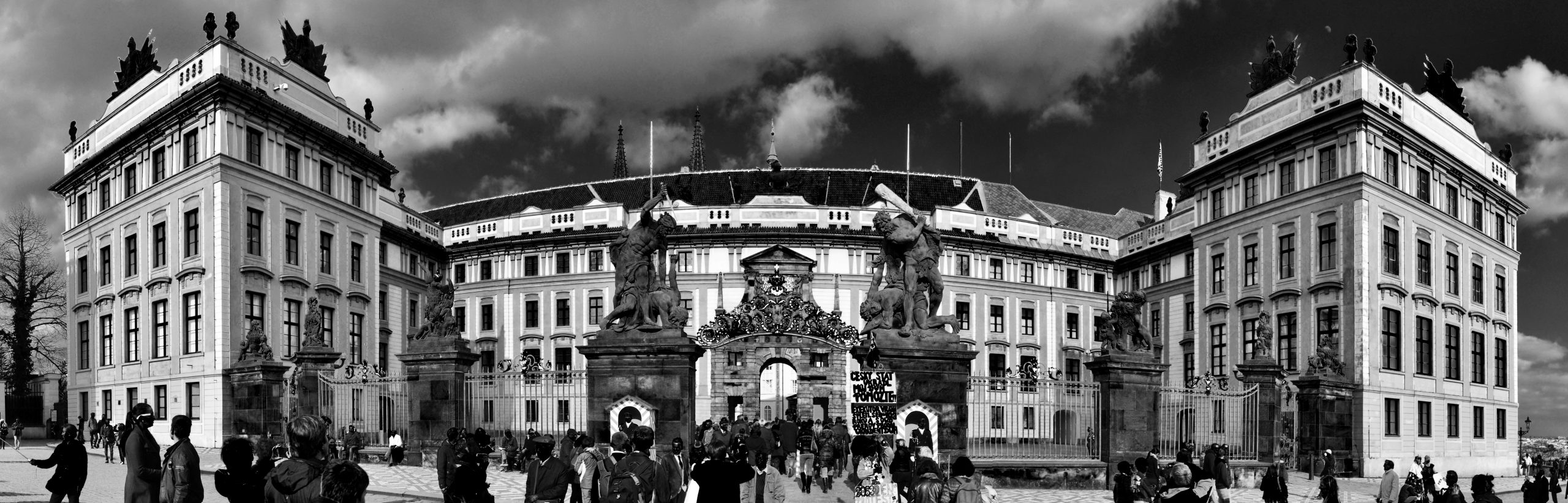 This panoramic photograph features the Prague Castle complex in the Czech Republic.
