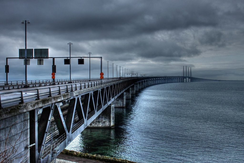 A photo of the Oresund Bridge connecting Copenhagen and Malmo. 