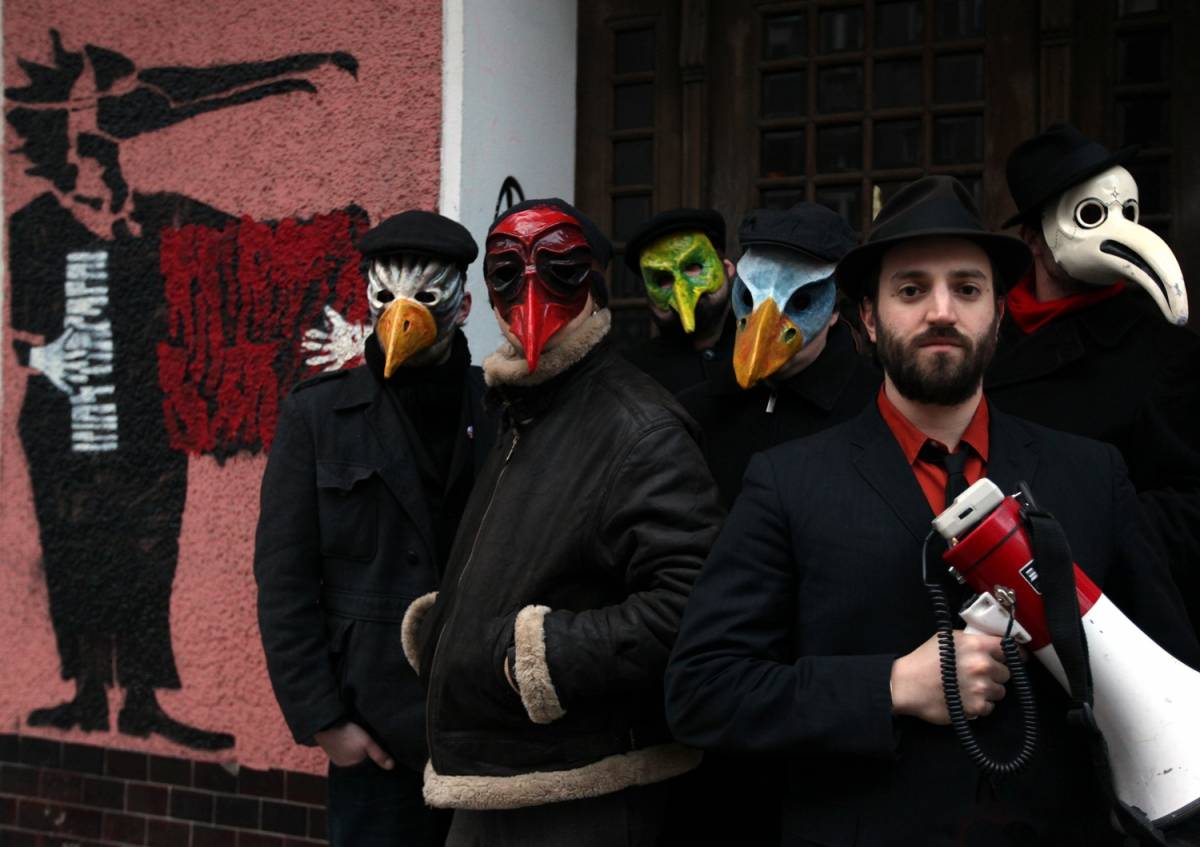 This photo features the German-based klezmer-punk band Daniel Kahn and the Painted Bird.