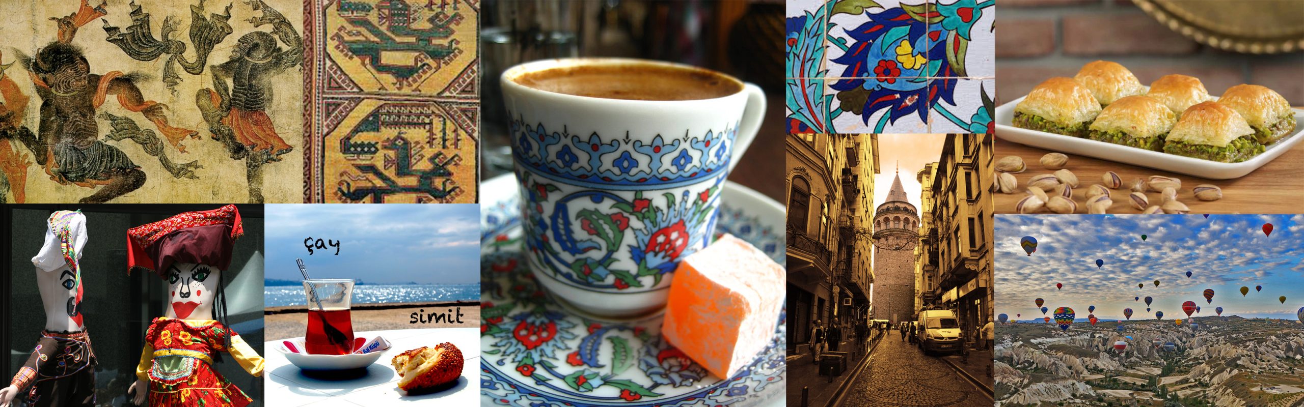 A header image that includes various images related to Turkish. This includes, art, food, and cultural landmarks. This includes:
15th-century miniature painting titled "Demons fighting" by the Siyah Kalem School
a handmade Turkish folk art rag doll dressed in traditional Anatolian textile attire
Çay (Turkish Tea): A strong, black tea served in a traditional tulip-shaped glass, often accompanied by small sugar cubes.Simit: A circular, sesame-crusted bread that is a beloved street food in Turkey, often described as a Turkish bagel.
traditional Turkish coffee set
traditional Turkish Iznik tiles featuring intricate floral and foliate motifs
Galata Tower (Galata Kulesi), a prominent landmark located in the Galata neighborhood of Istanbul, Turkey