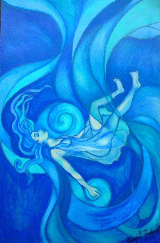 Water Maiden, composed from color pencil, marker, and ink, by Abigail Tembreull