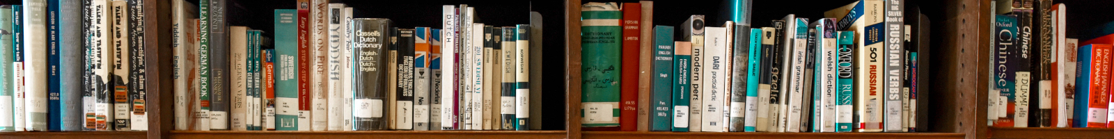 image of bookshelf with books including Dutch and Swedish languages.