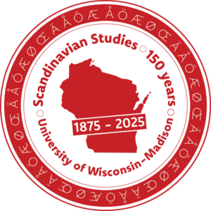 Image of logo of Scandinavian Studies at the University of Wisconsin-Madison's 150th year anniversary. 1875-2025. Letters along the outside of the logo.