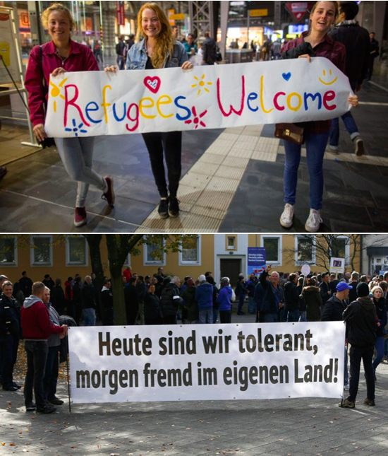 image of two very different German reactions to the intercultural contact with immigrants and refugees.