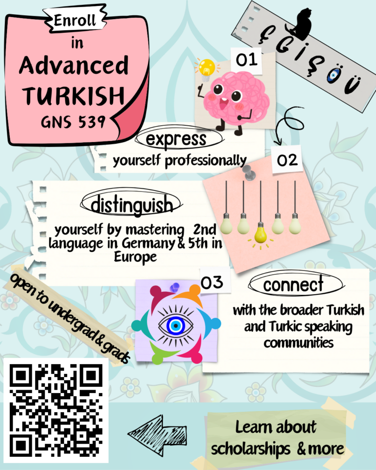 This image is a promotional poster for an Advanced Turkish course (GNS 539) offered at the University of Wisconsin-Madison. The course is titled "Advanced Turkish" (GNS 539) and is available to both undergraduate and graduate students. The program highlights professional language development, specifically noting that Turkish is the second most spoken language in Germany and the fifth most spoken in Europe. The department offers multiple funding opportunities for students enrolling in this course. 
