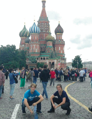 image of study abroad alum Ryan Berthiaume, left, at Red Square and in front of St Basil's Cathedral in Moscow.