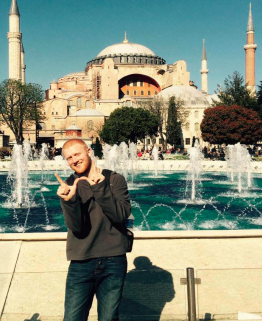 image of study abroad alum Matt Williams in front of the Hagia Sophia, a 1500 year old church turned mosque.