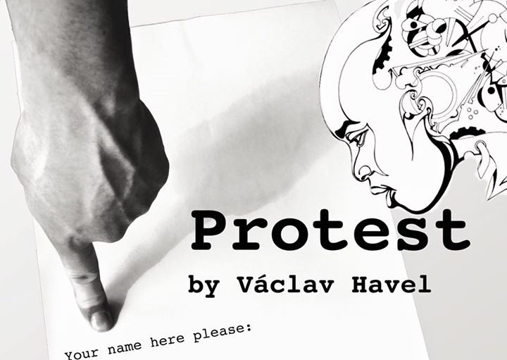 Image reads Protest by Vaclav Havel and says "your name here please:" with a finger pointing at the your name here and a face looking at the paper.