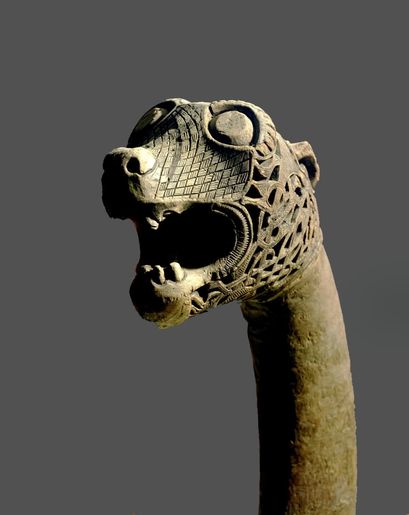 image of a decorative animal head post from the 9th-century Oseberg ship