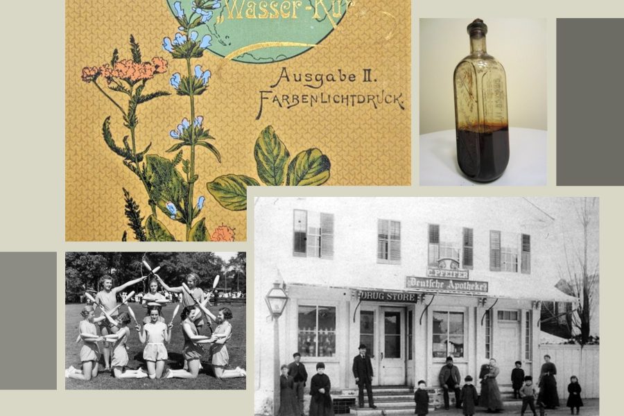 image is of multiple different photos relating to the Symposium on German Influences on Wellness, Health, and Pharmaceuticals in America.