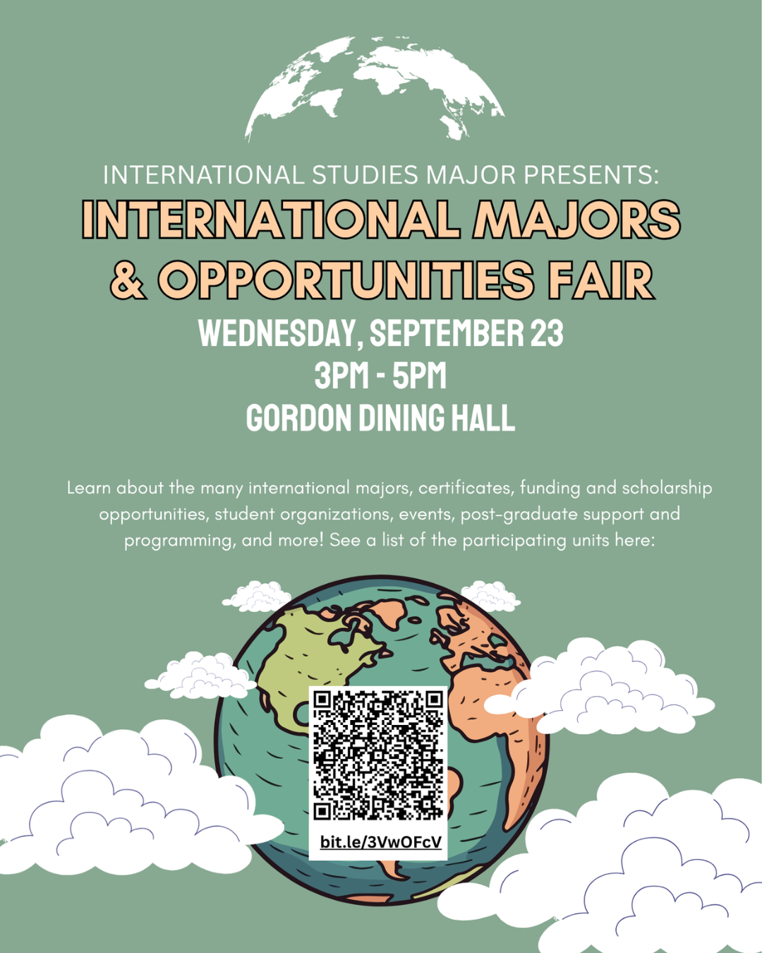 image poster for the International Majors & Opportunities Fair on Wednesday September 23rd from 3-5pm in Gordon Dining Hall